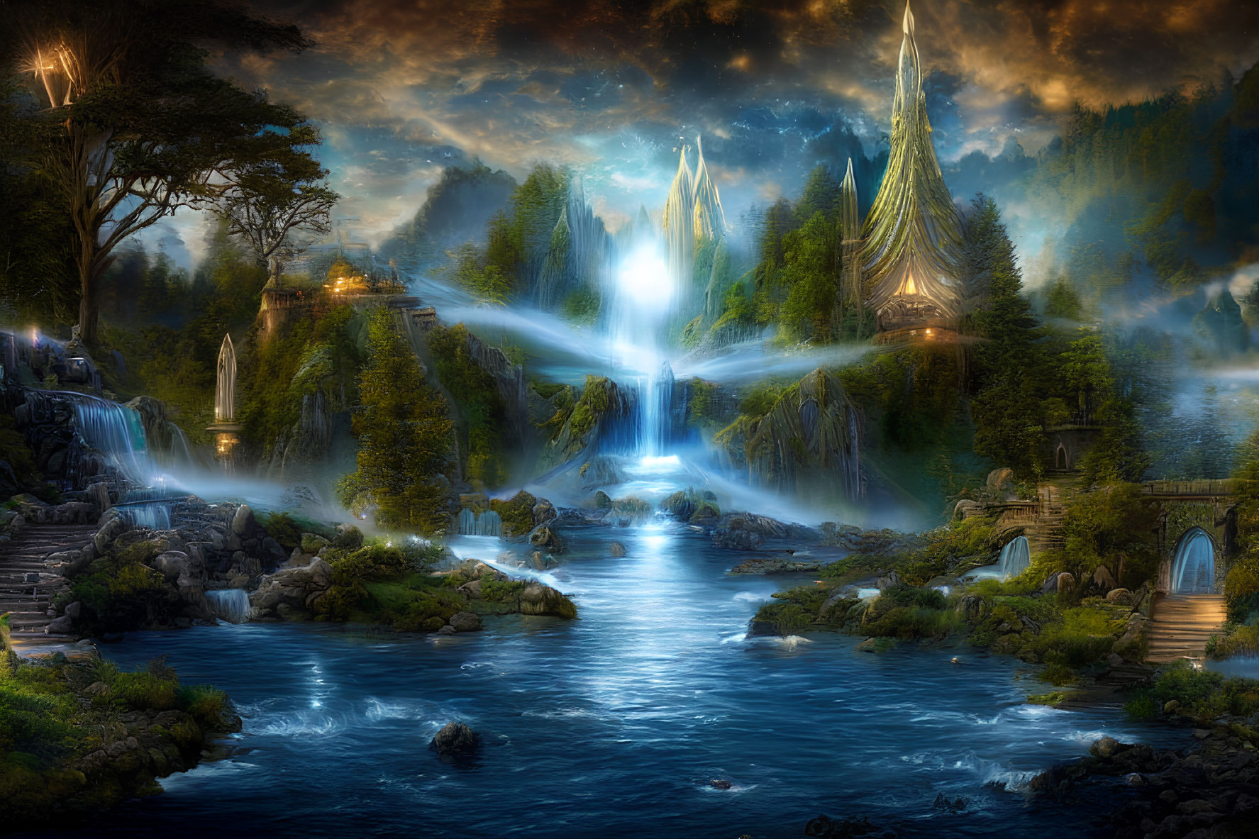 Majestic waterfalls, serene river, mystical structures in fantasy landscape