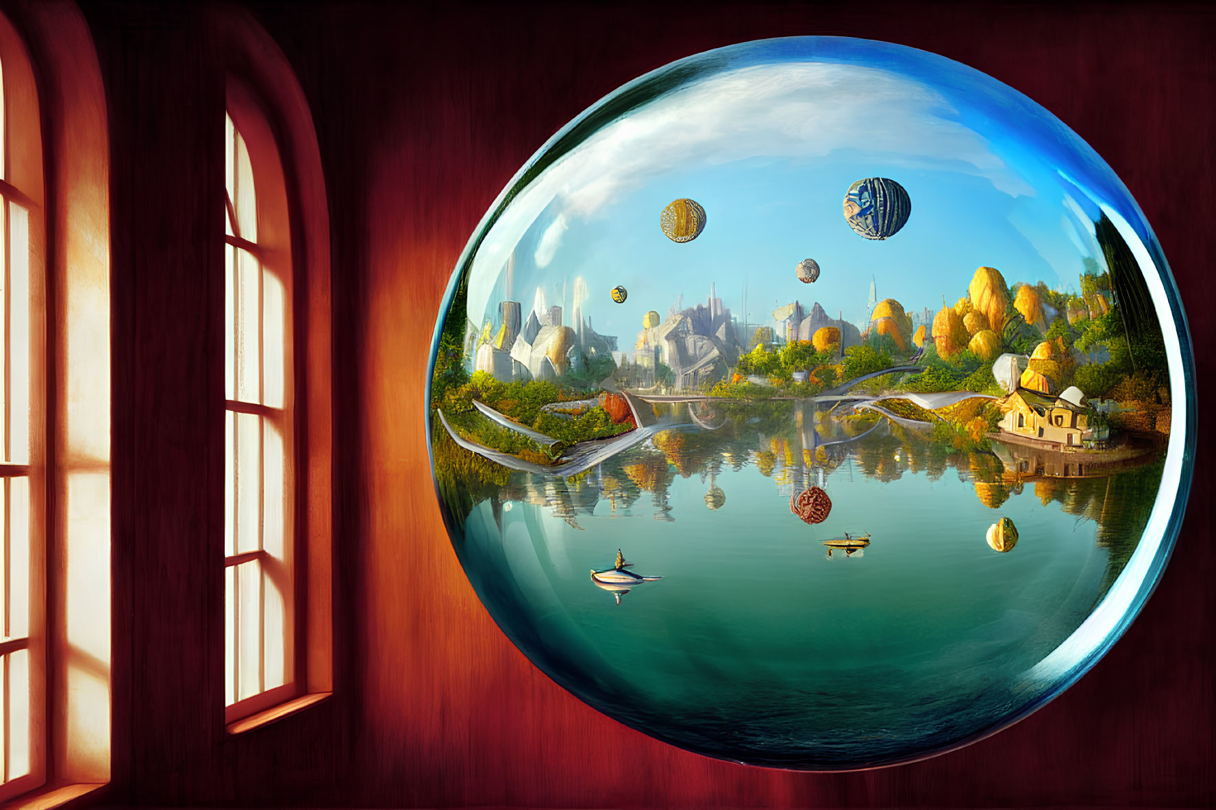 Surreal autumn landscape with floating islands and hot air balloons viewed through circular window