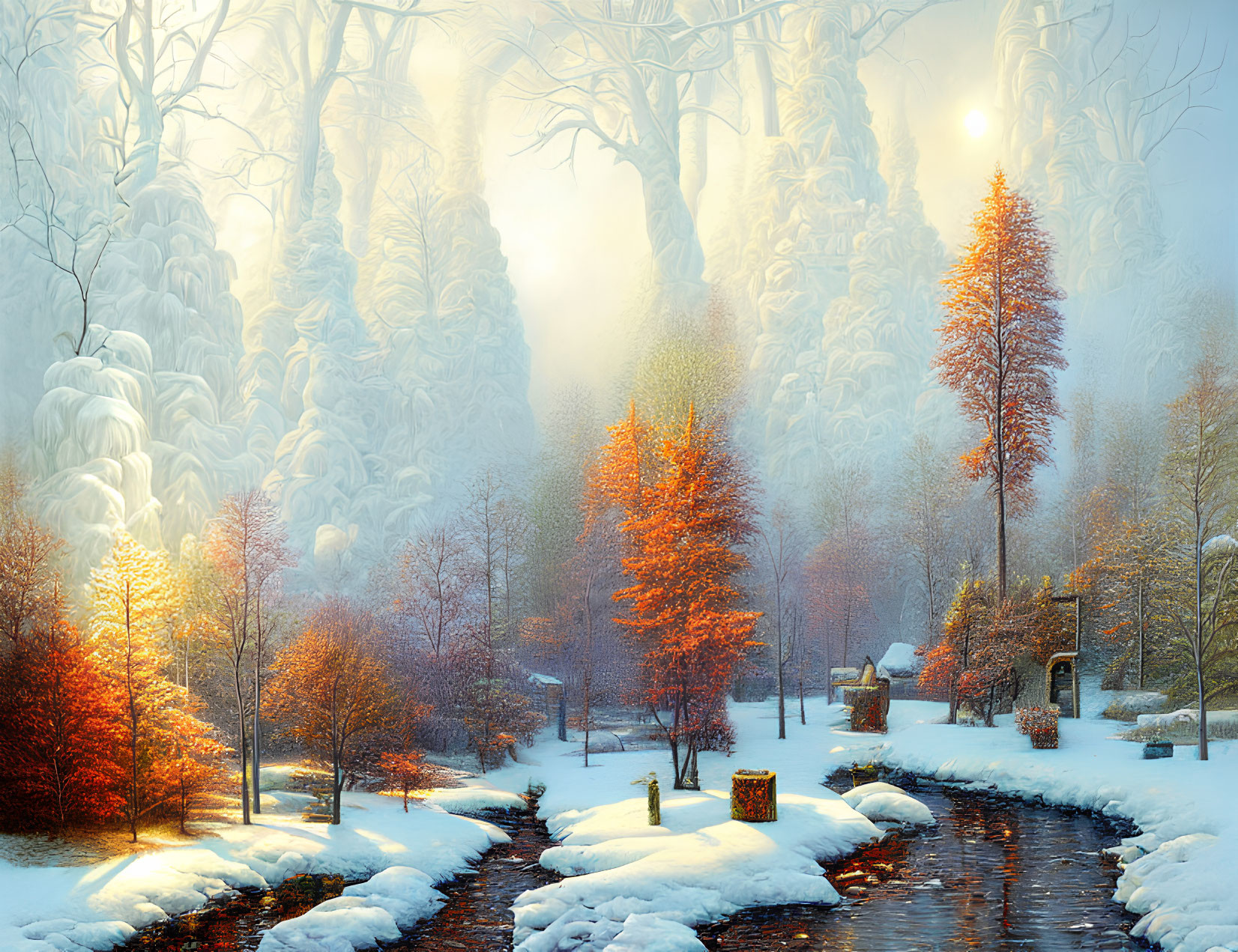 Snow-covered landscape with stream, autumn trees, house, and soft sunlight