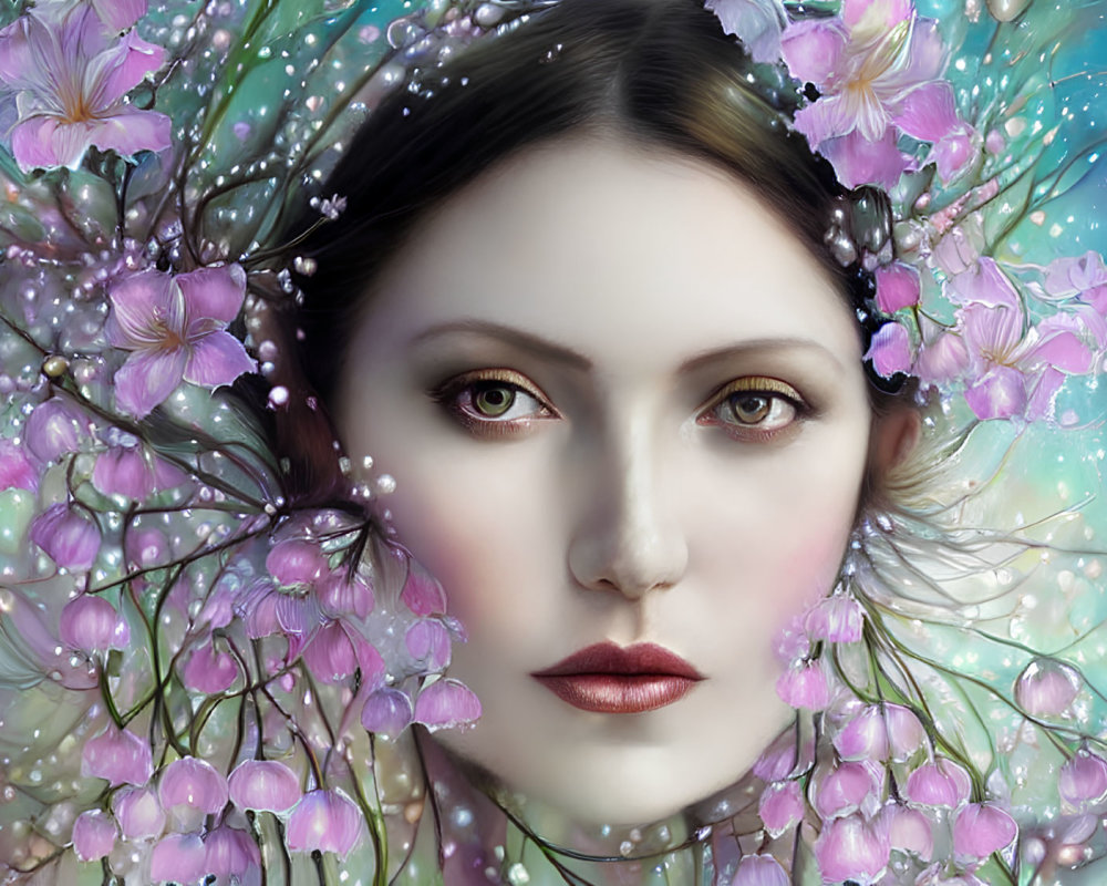 Surreal portrait of woman with pale skin and dark hair amid pink flowers and twinkling lights