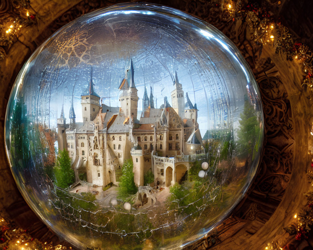 Holiday-themed castle under glass dome with festive lights