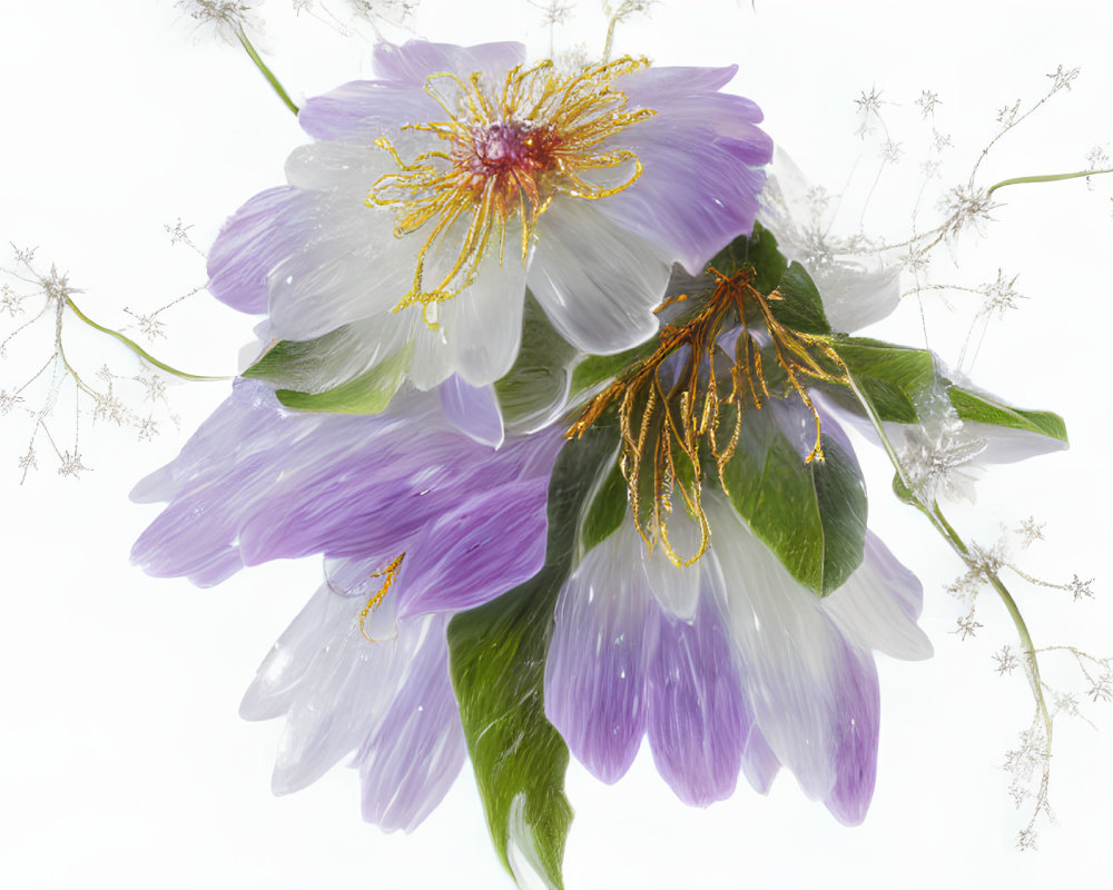 Translucent Purple and White Flowers with Golden Stamens on White Background