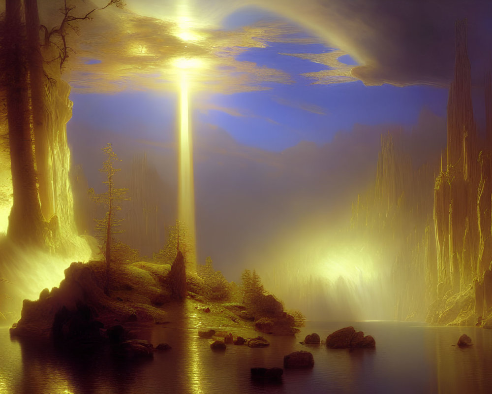 Mystical forest with sun rays, rock formations, water, and trees