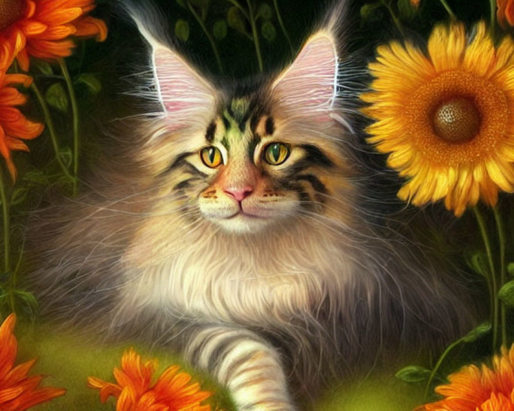 Long-Haired Cat Among Sunflowers and Greenery