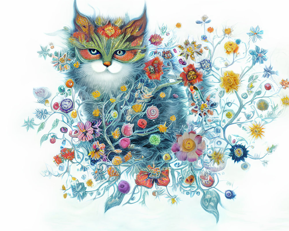 Colorful Cat Illustration with Floral Body and Masked Face on White Background