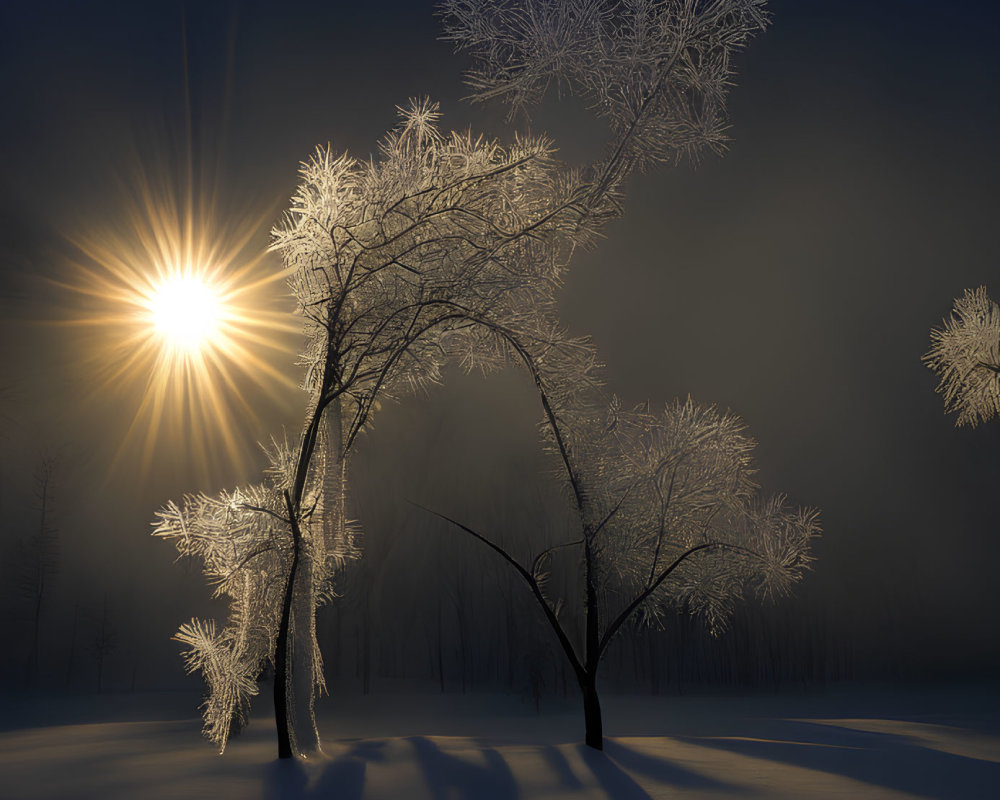 Snowy Landscape with Bare Trees and Glowing Snowflake Patterns