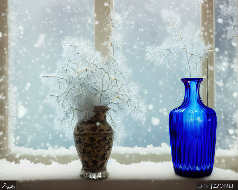 White Tree in Patterned Vase & Blue Vase on Windowsill with Snowflakes