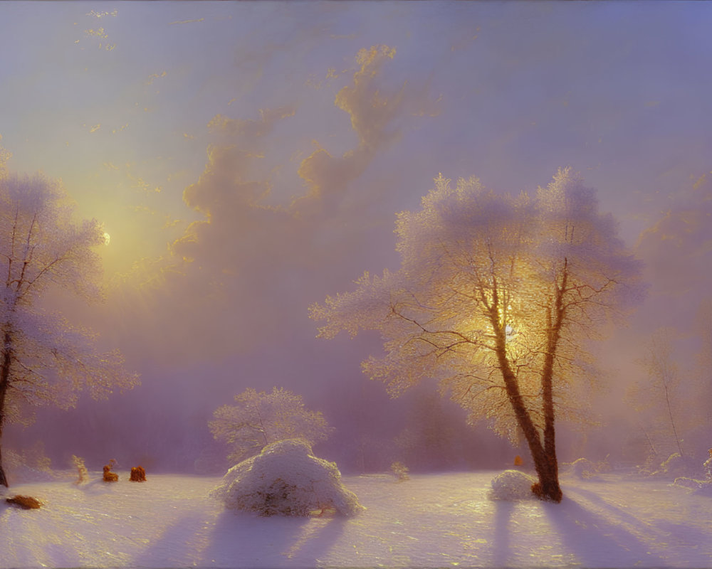 Snow-covered trees and bushes in serene winter setting at sunrise or sunset