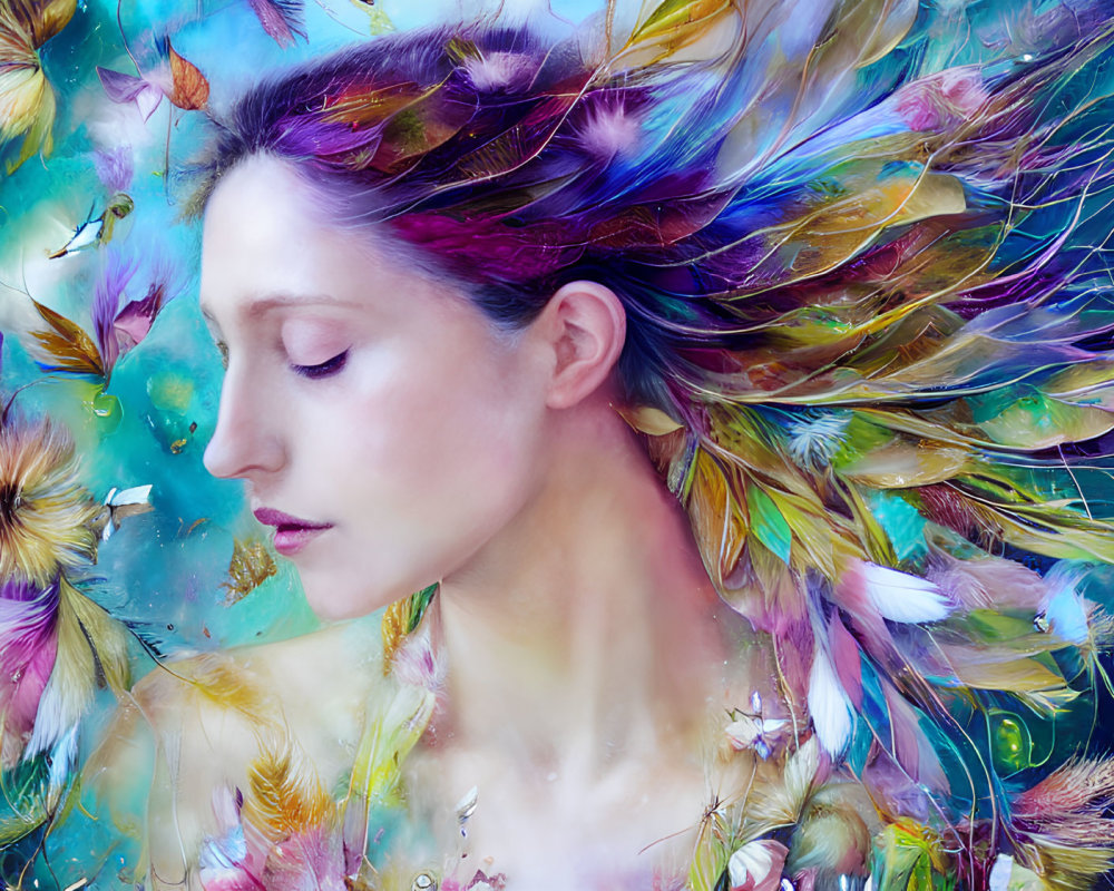 Colorful Feathers and Butterflies in Woman's Hair on Vibrant Blue Background