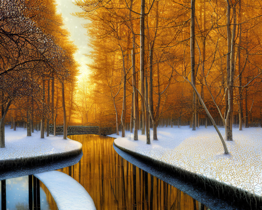 Snow-covered pathway, bridge over stream, golden trees in winter sunlight