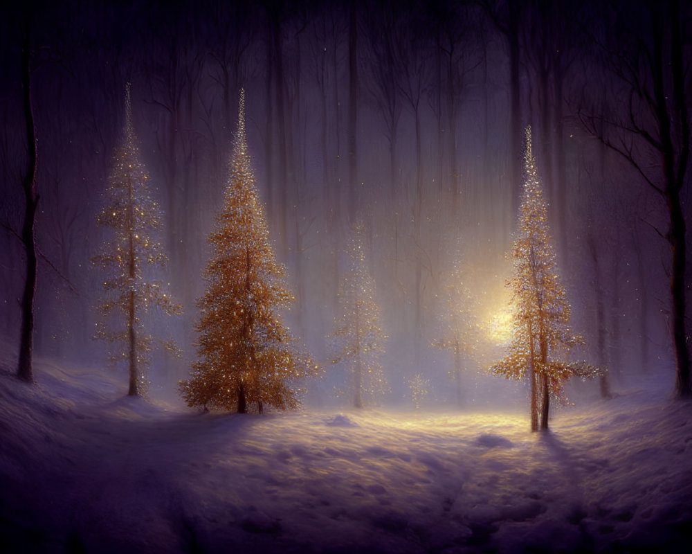 Snow-covered trees in serene winter scene with soft glowing light