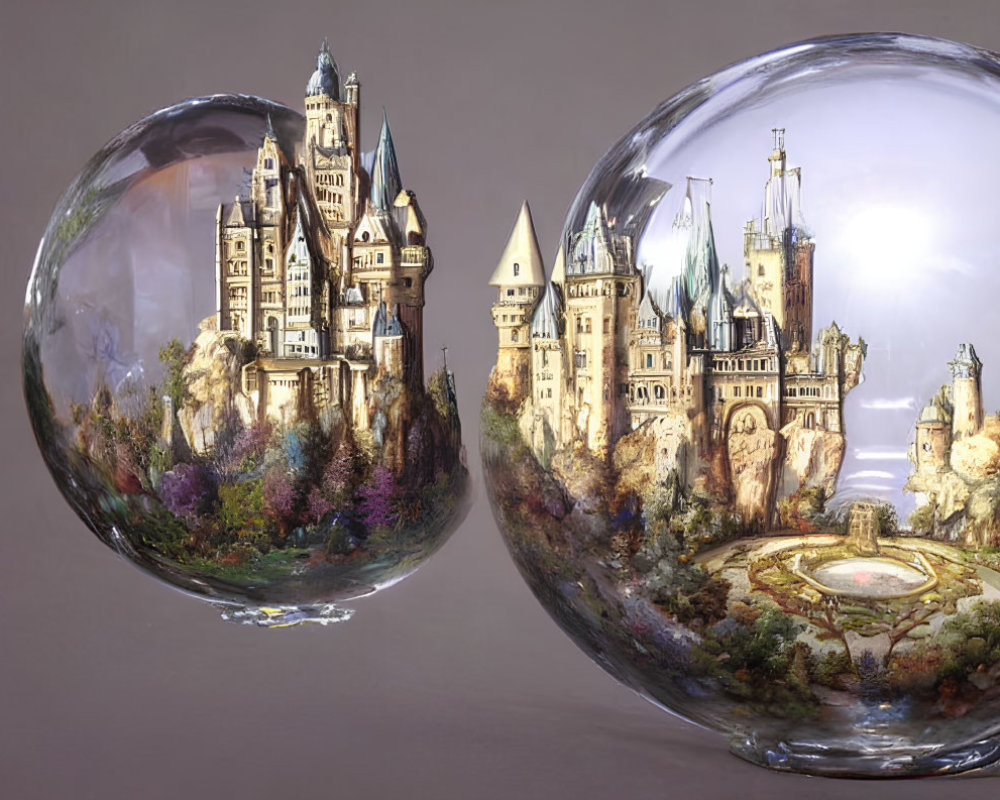 Fantasy castles in clear bubbles on neutral backdrop