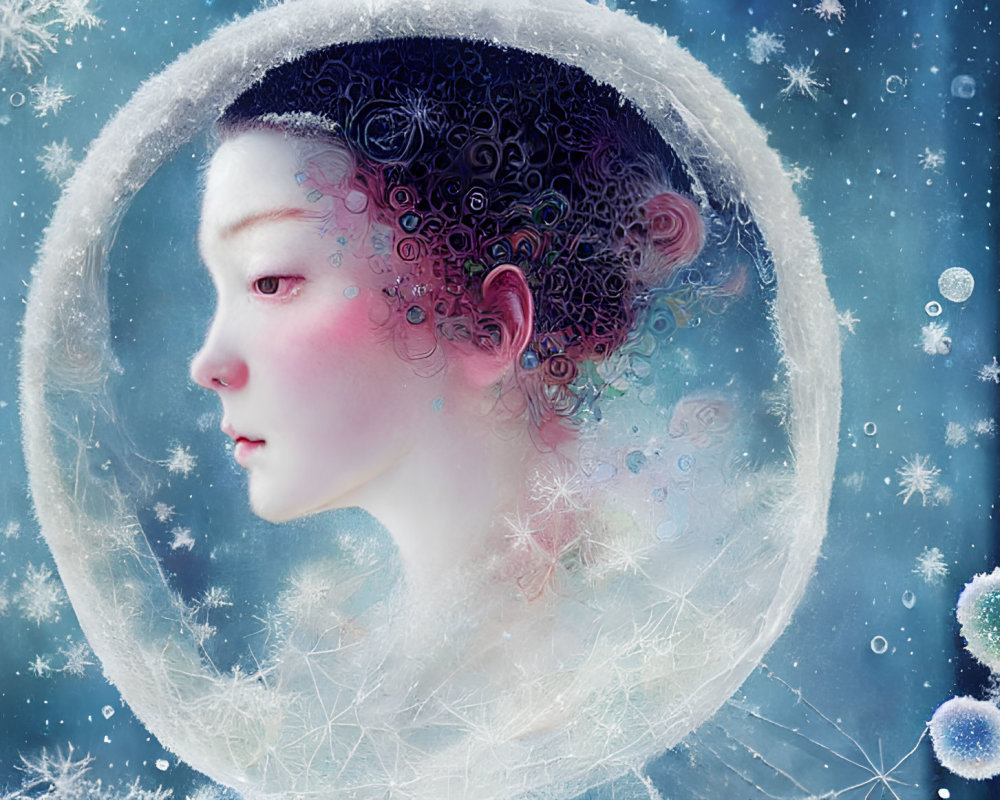 Digital artwork of wistful woman with glowing halo, snowflakes, and icy orbs on blue
