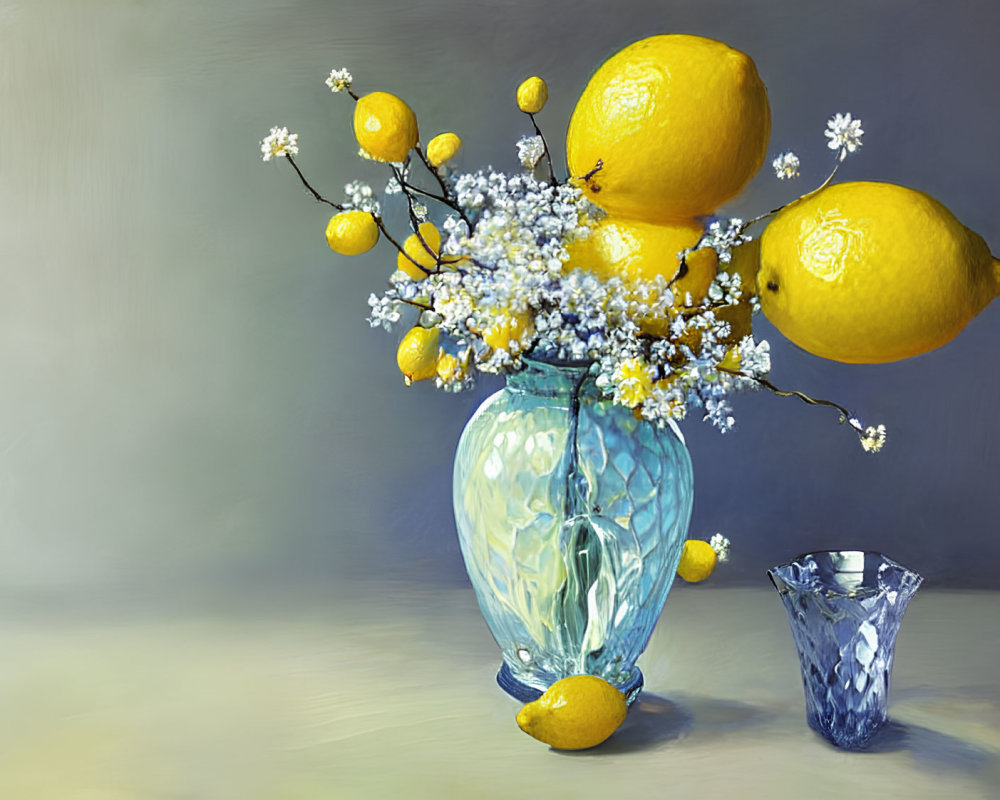 Vibrant still life painting with yellow lemons and white blossoms in blue vase