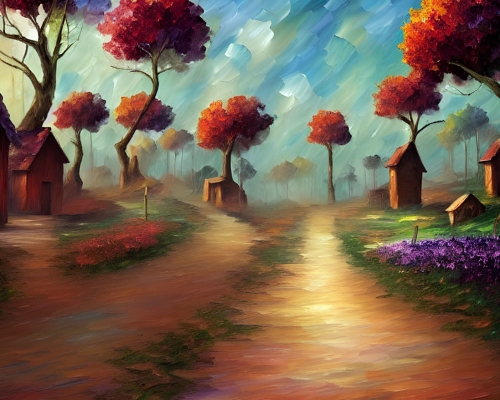 Colorful rural scene: Path, trees, houses, dynamic sky