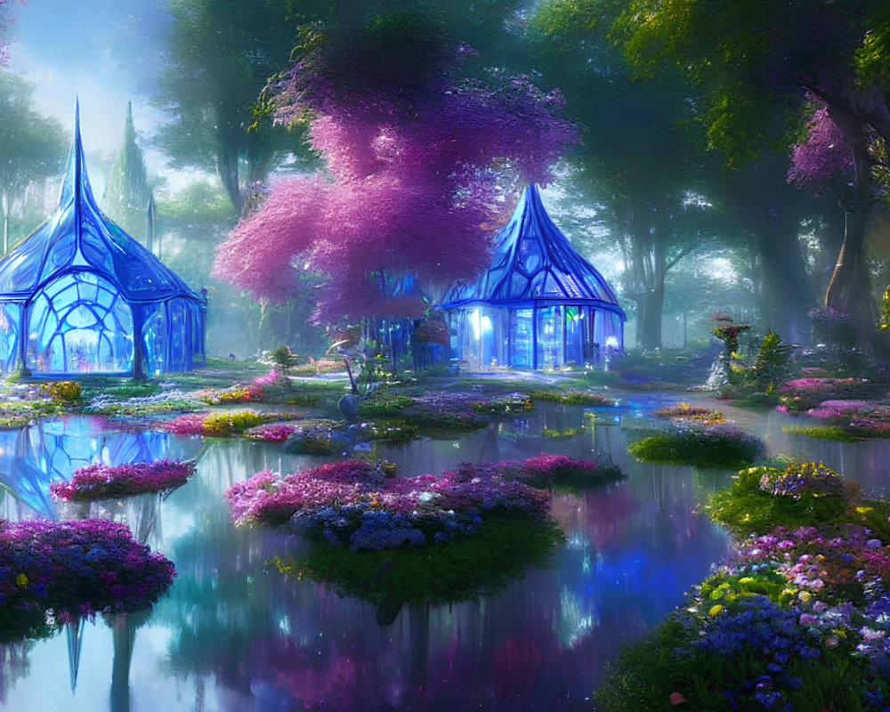 Vibrant surreal landscape with blue crystalline buildings in lush purple and pink forest