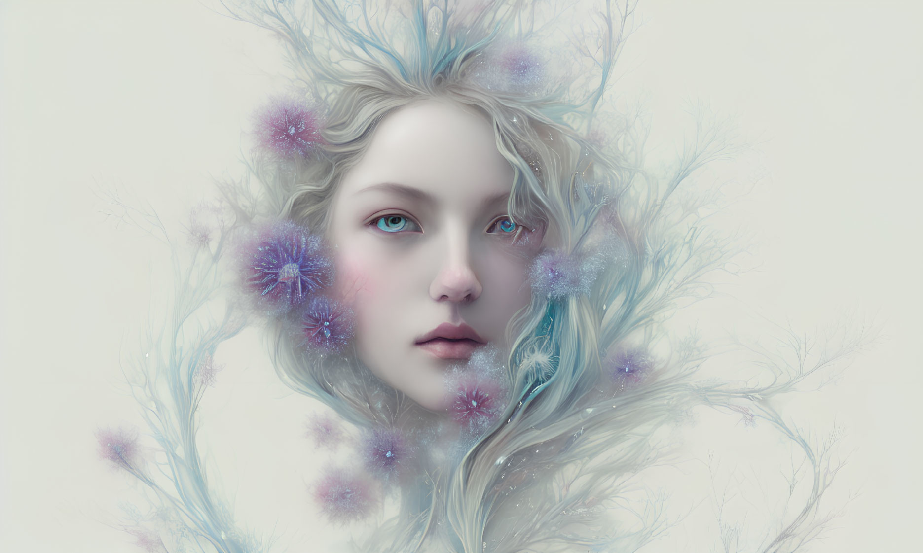 Digital artwork featuring pale-skinned woman among ice-like branches and frost-covered flowers.