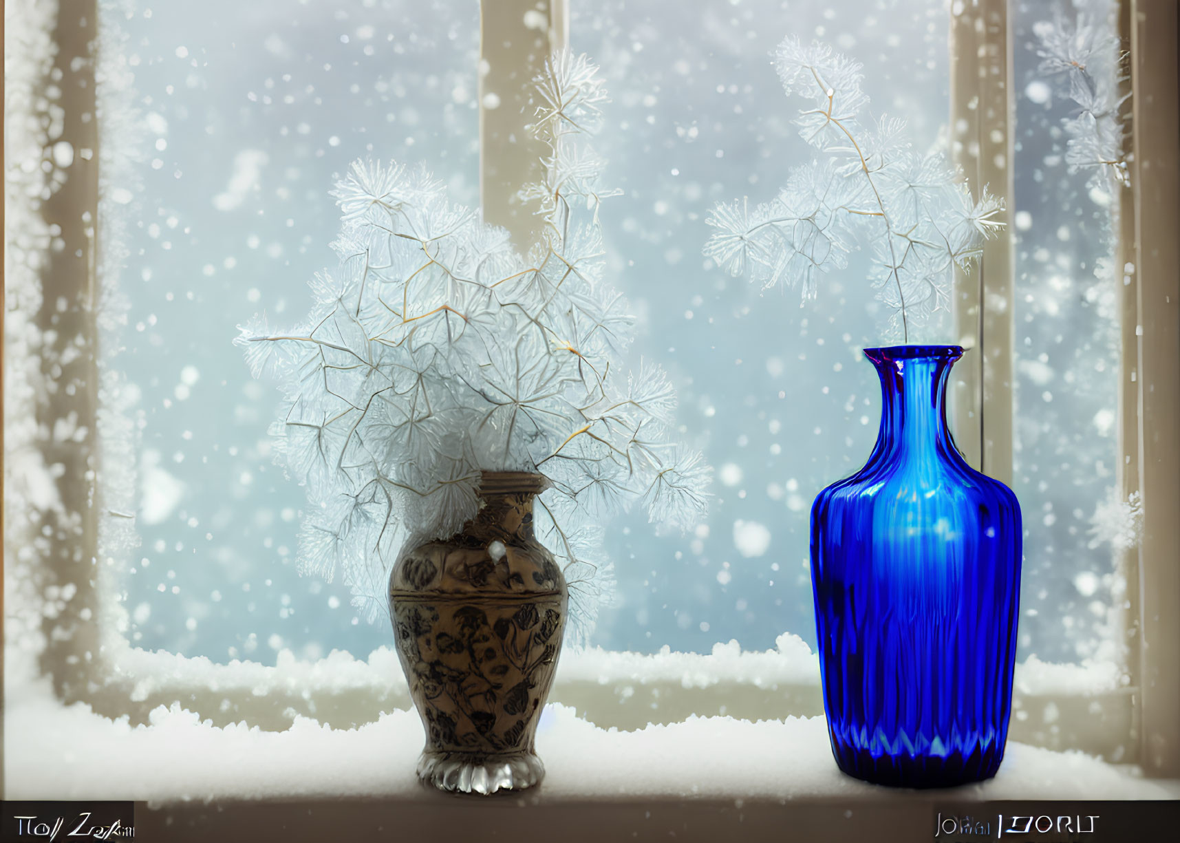 White Tree in Patterned Vase & Blue Vase on Windowsill with Snowflakes