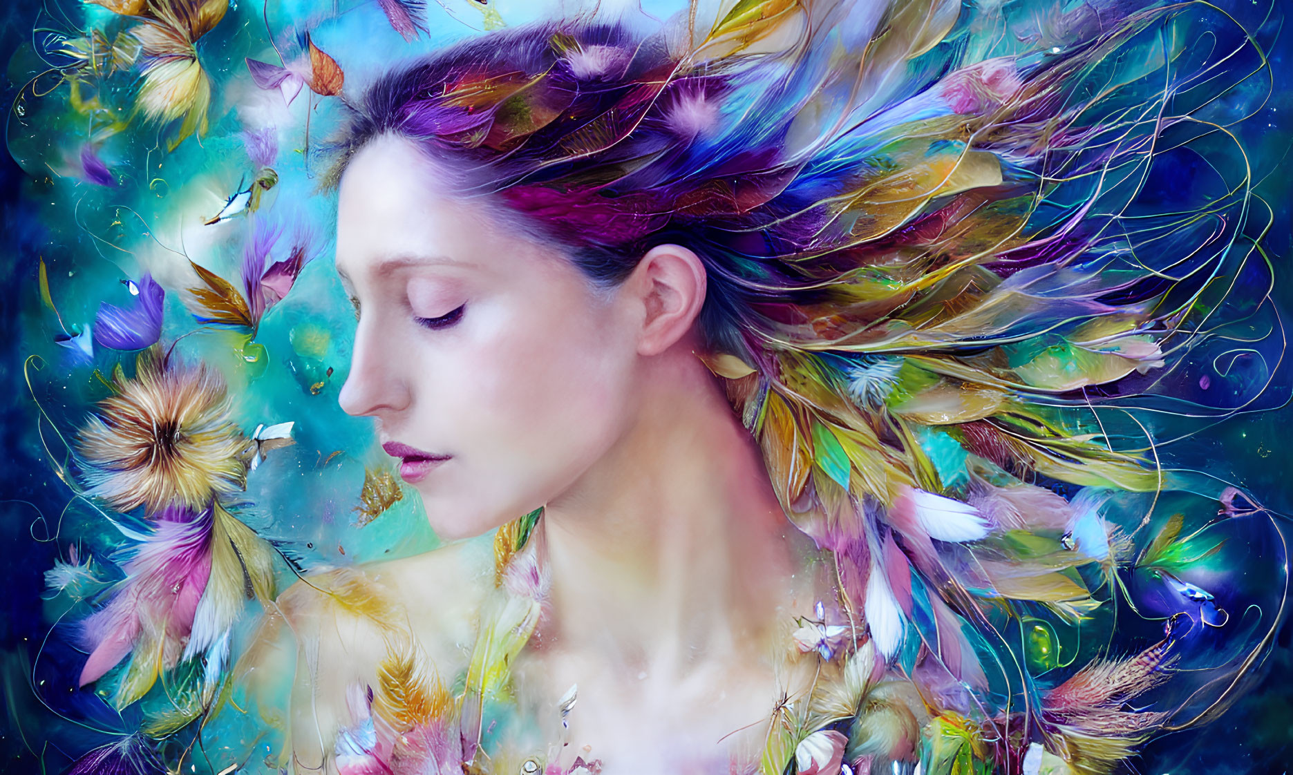 Colorful Feathers and Butterflies in Woman's Hair on Vibrant Blue Background
