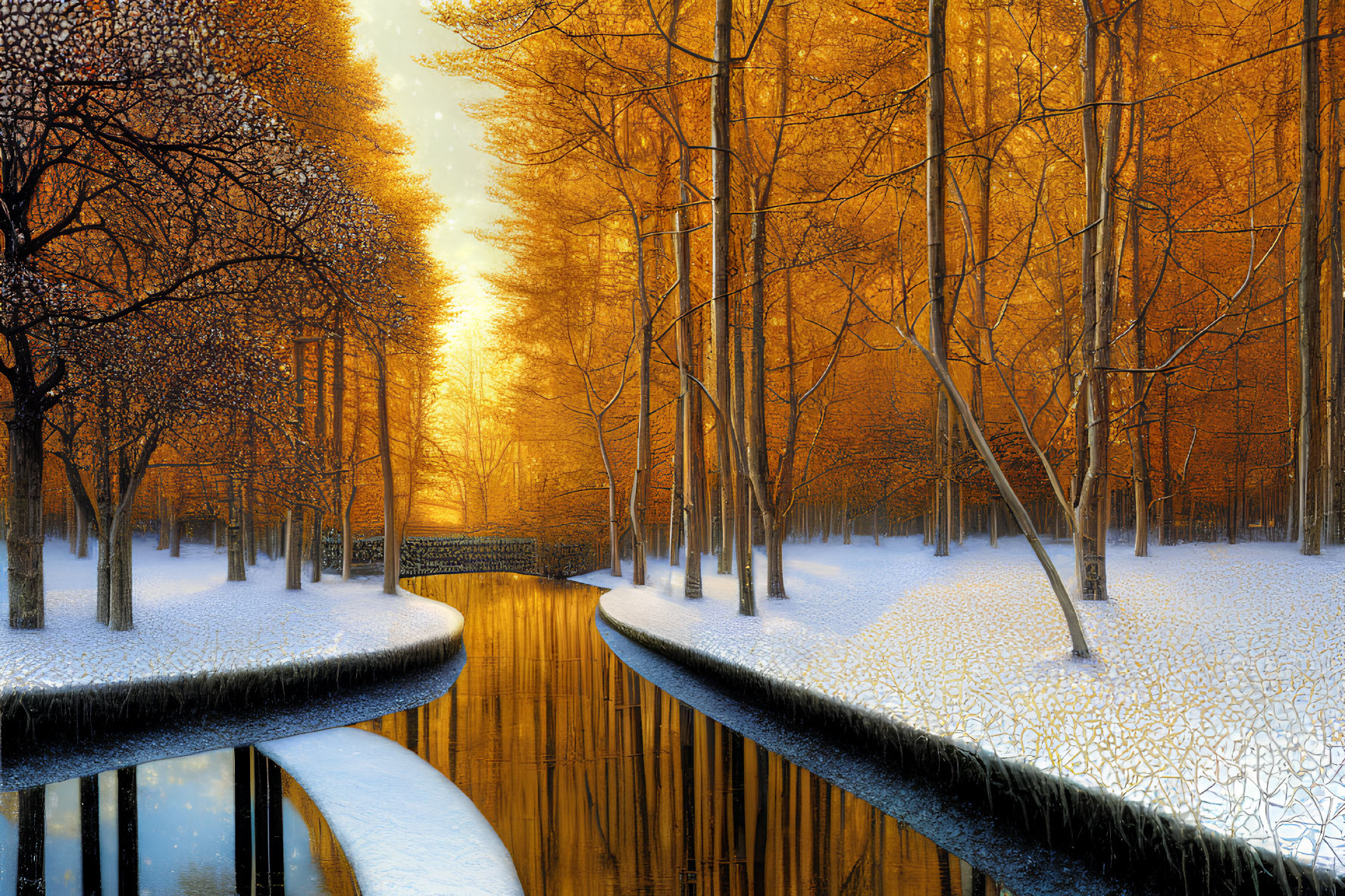 Snow-covered pathway, bridge over stream, golden trees in winter sunlight