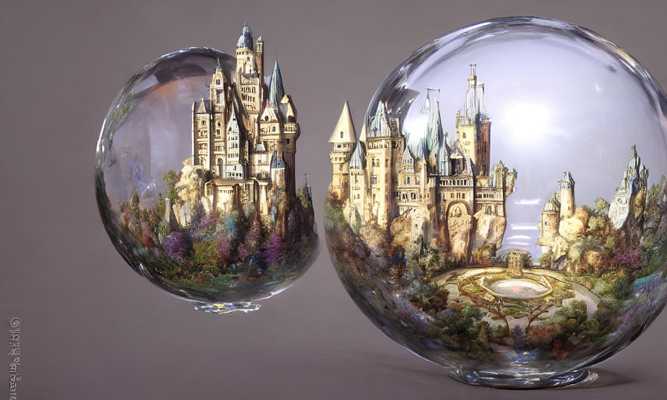 Fantasy castles in clear bubbles on neutral backdrop