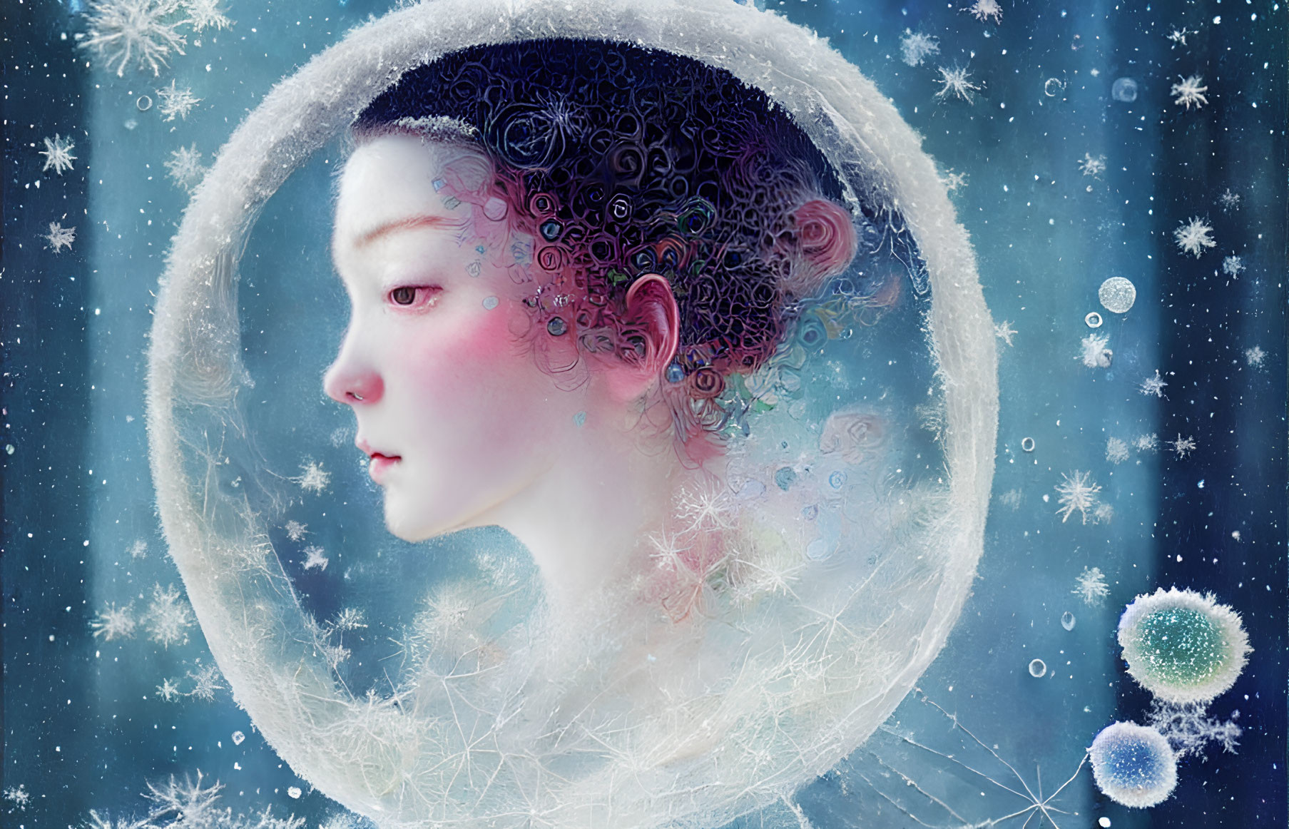 Digital artwork of wistful woman with glowing halo, snowflakes, and icy orbs on blue