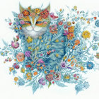 Colorful Cat Illustration with Floral Body and Masked Face on White Background