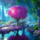 Vibrant surreal landscape with blue crystalline buildings in lush purple and pink forest