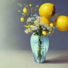 Vibrant still life painting with yellow lemons and white blossoms in blue vase