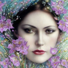 Surreal portrait of woman with pale skin and dark hair amid pink flowers and twinkling lights