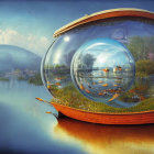 Surreal landscape with transparent domes, wildlife, and flora on wooden boat-like water structure.