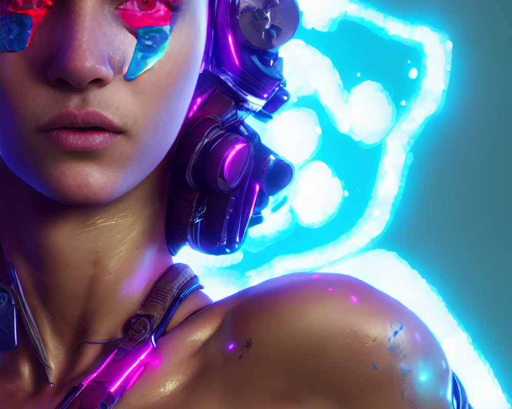 Futuristic woman with neon face paint and cybernetic enhancements