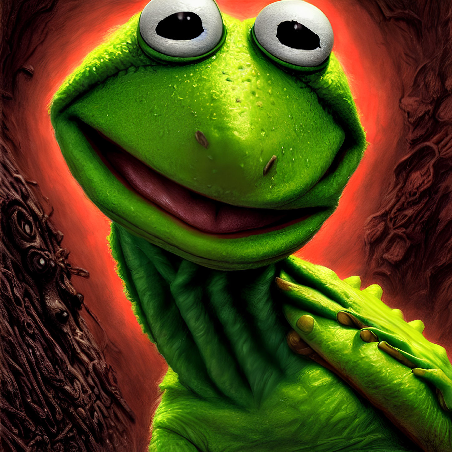 Cheerful green frog with white eyes and smile on red-brown backdrop