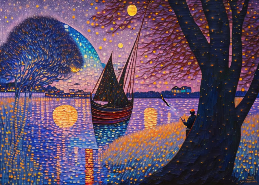 Nighttime river scene with boat, tree, person, and starry sky.