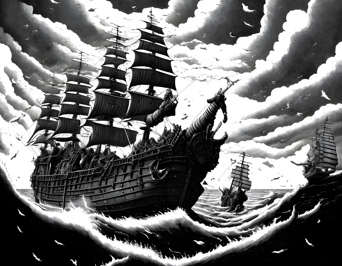 Monochromatic tall ships illustration on turbulent seas
