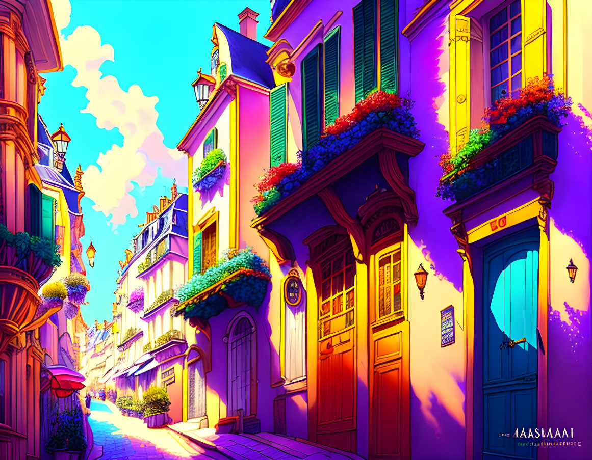 Colorful street scene with overflowing flower baskets under clear blue sky