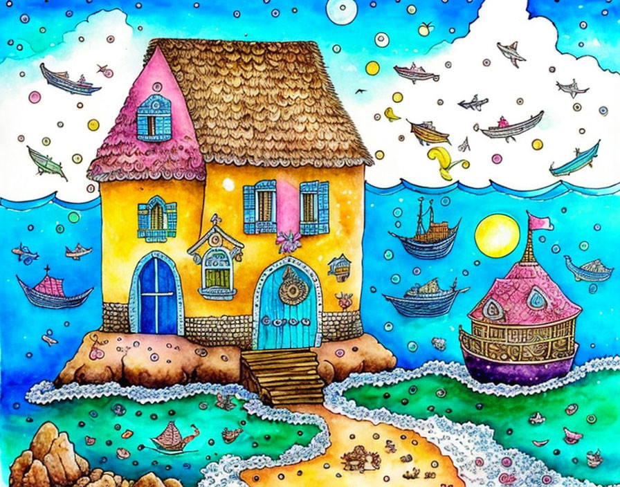 Colorful Underwater Scene with Whimsical House and Sun
