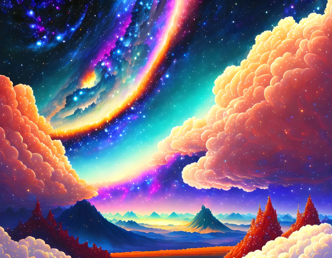 Colorful surreal landscape with nebulous clouds and cosmic phenomena above misty mountains