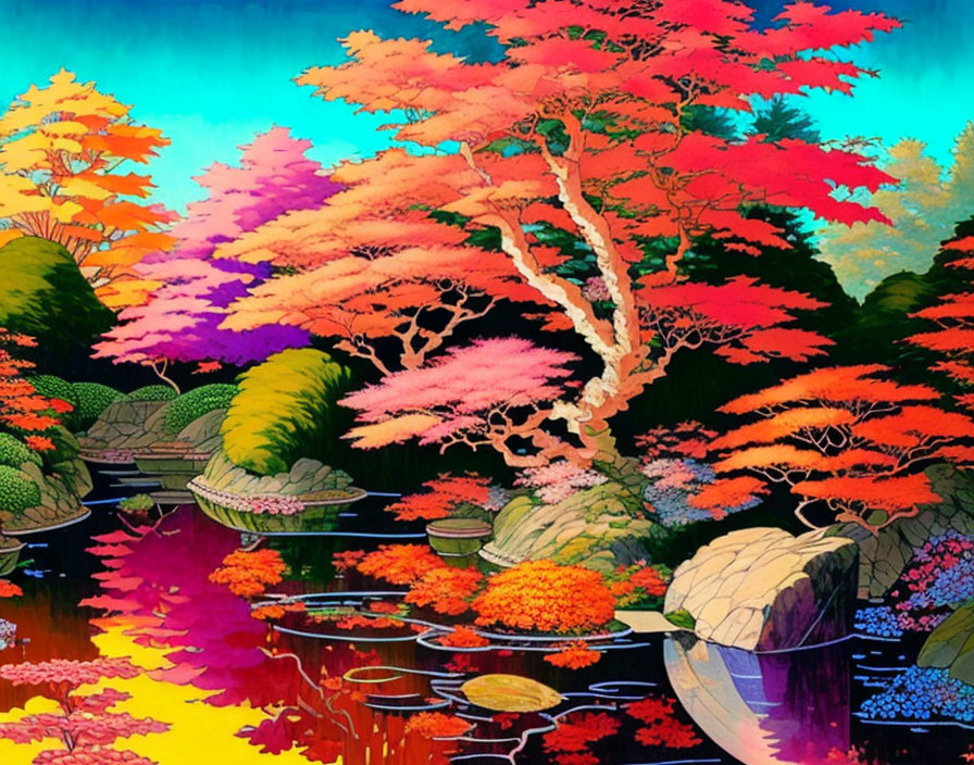 Colorful Japanese Garden with Autumn Trees and Tranquil Pond