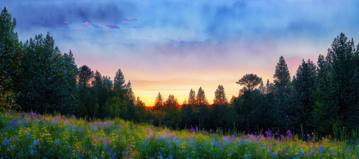 Wildflower Meadow and Pine Trees Sunset Panorama