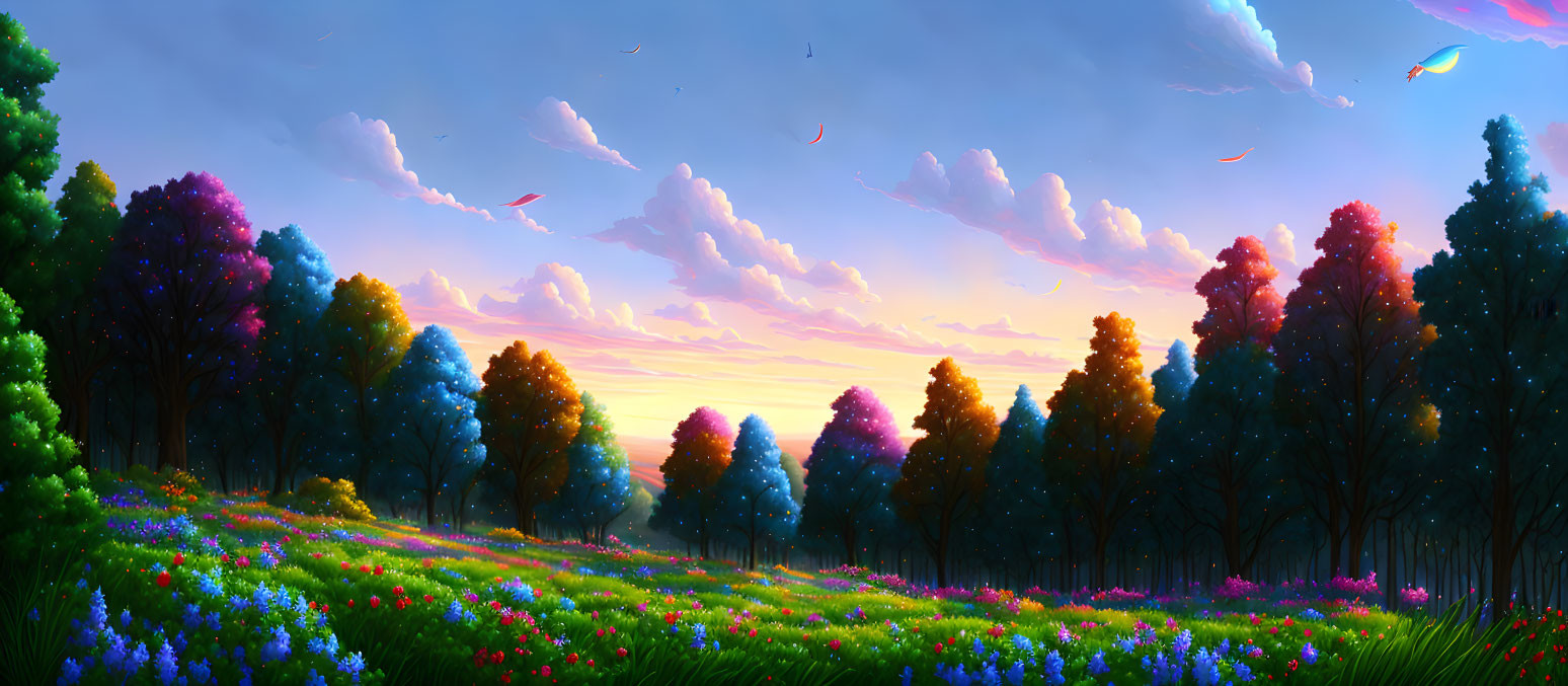 Colorful Landscape with Sunset Sky, Trees, Flowers, and Kites