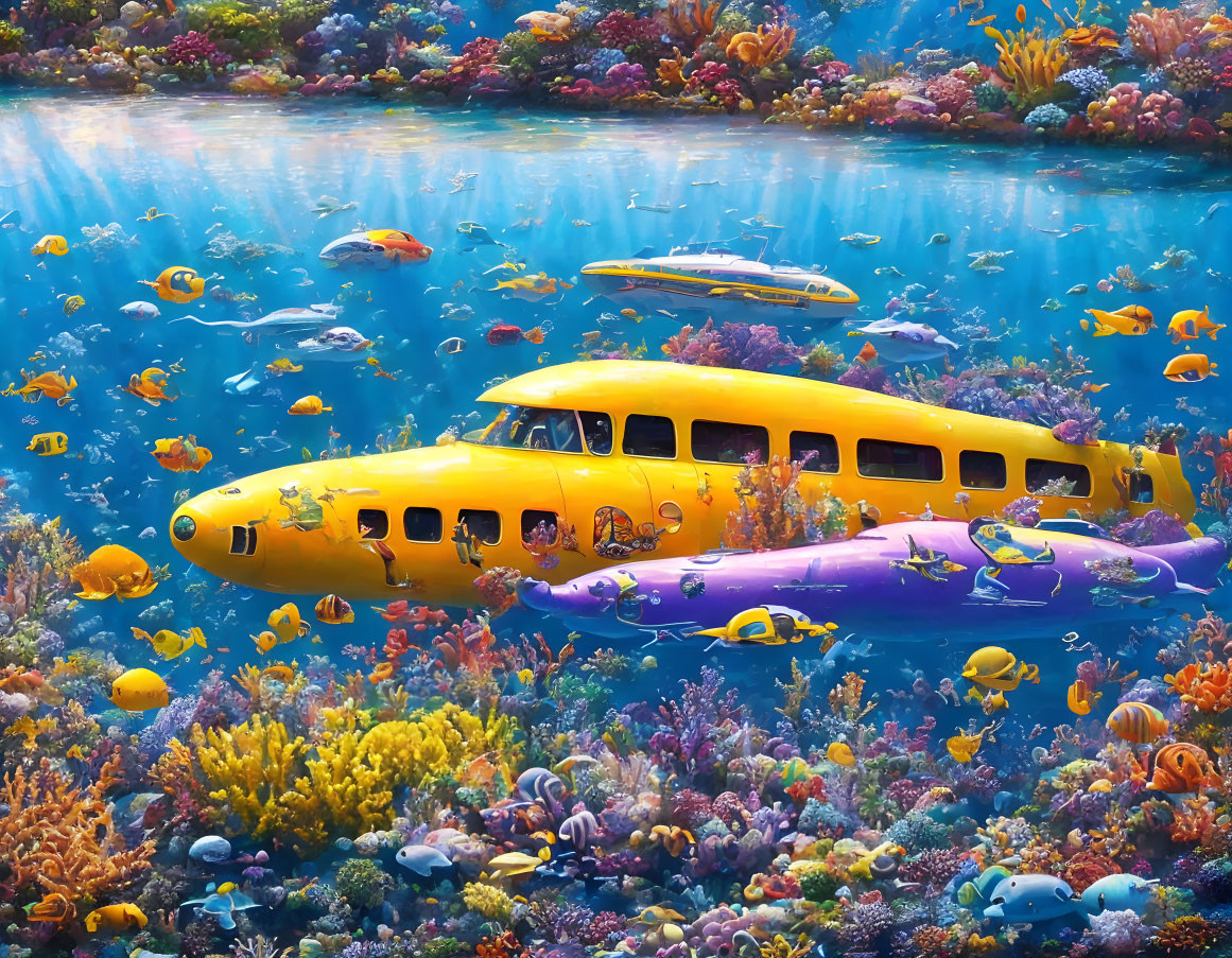Colorful Underwater Scene with Yellow Submarine and Tropical Fish