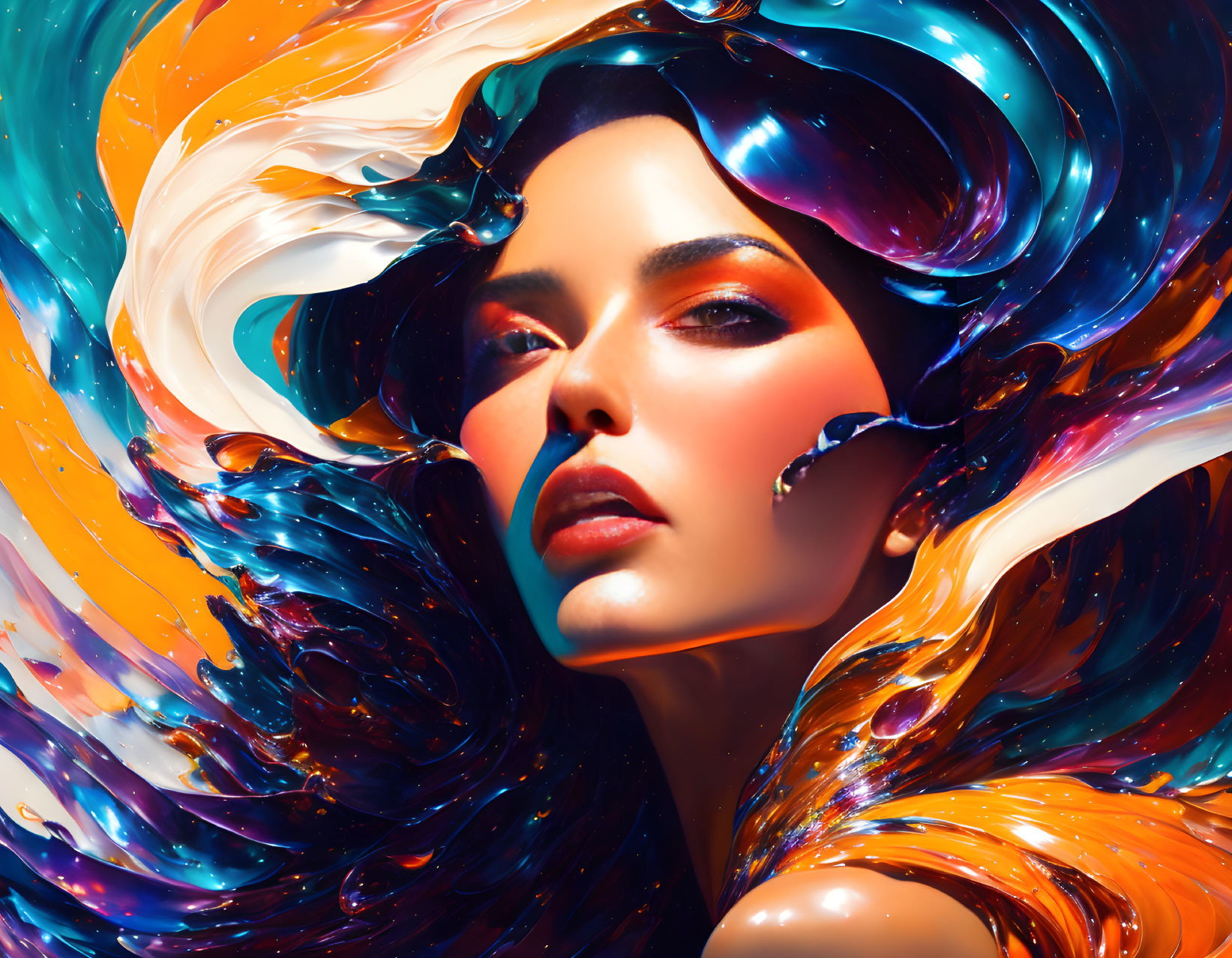 Colorful Abstract Art: Woman with Flowing Hair and Feathers