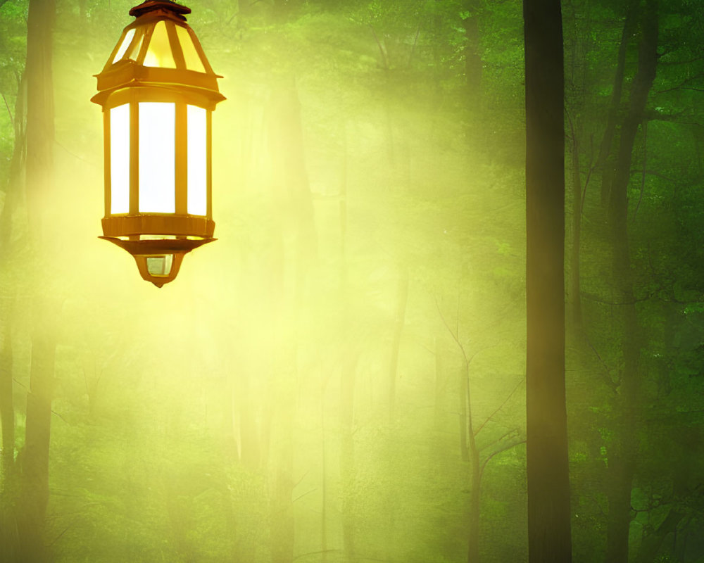 Illuminated hanging lantern in misty green forest
