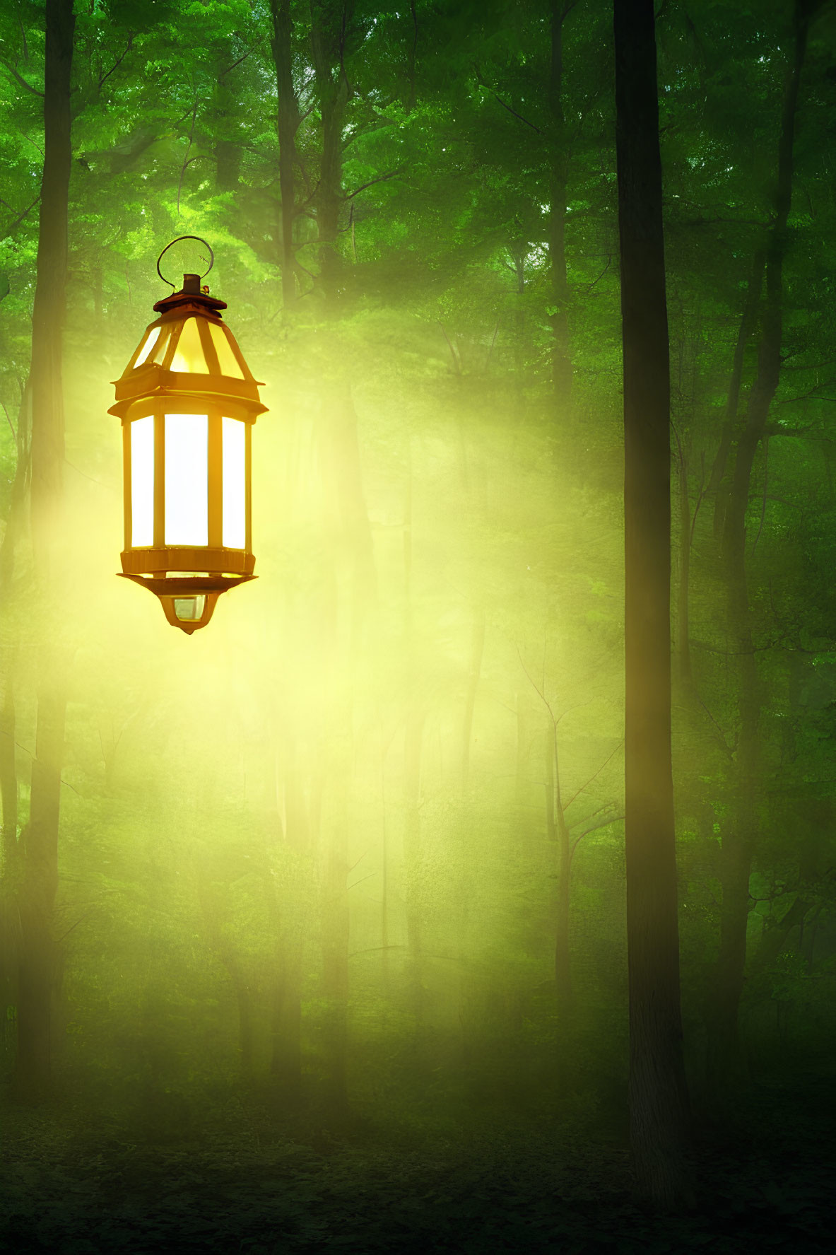 Illuminated hanging lantern in misty green forest