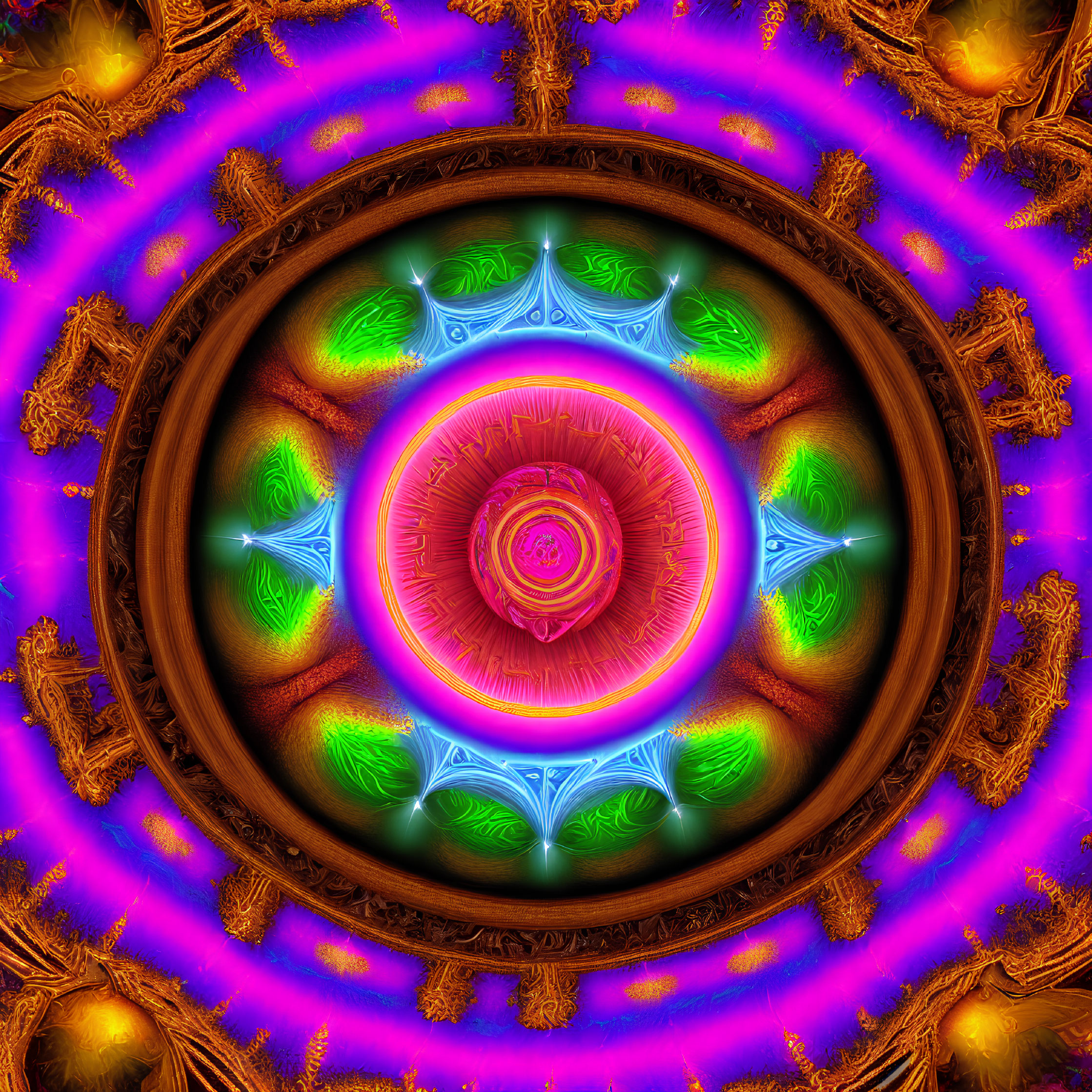 Symmetrical Blue, Green, and Orange Fractal Art with Glowing Center