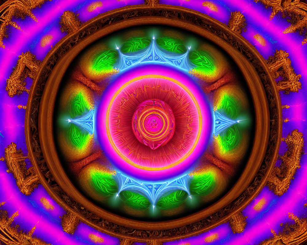 Symmetrical Blue, Green, and Orange Fractal Art with Glowing Center