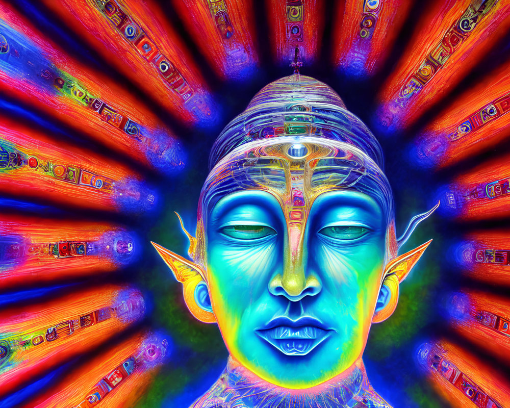 Colorful Buddha Face Artwork with Radial Beams and Intricate Patterns