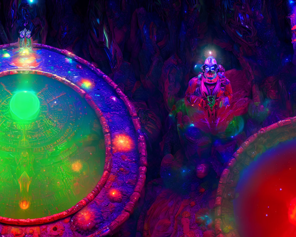 Mystical creatures in vibrant fantasy scene with neon-lit flora
