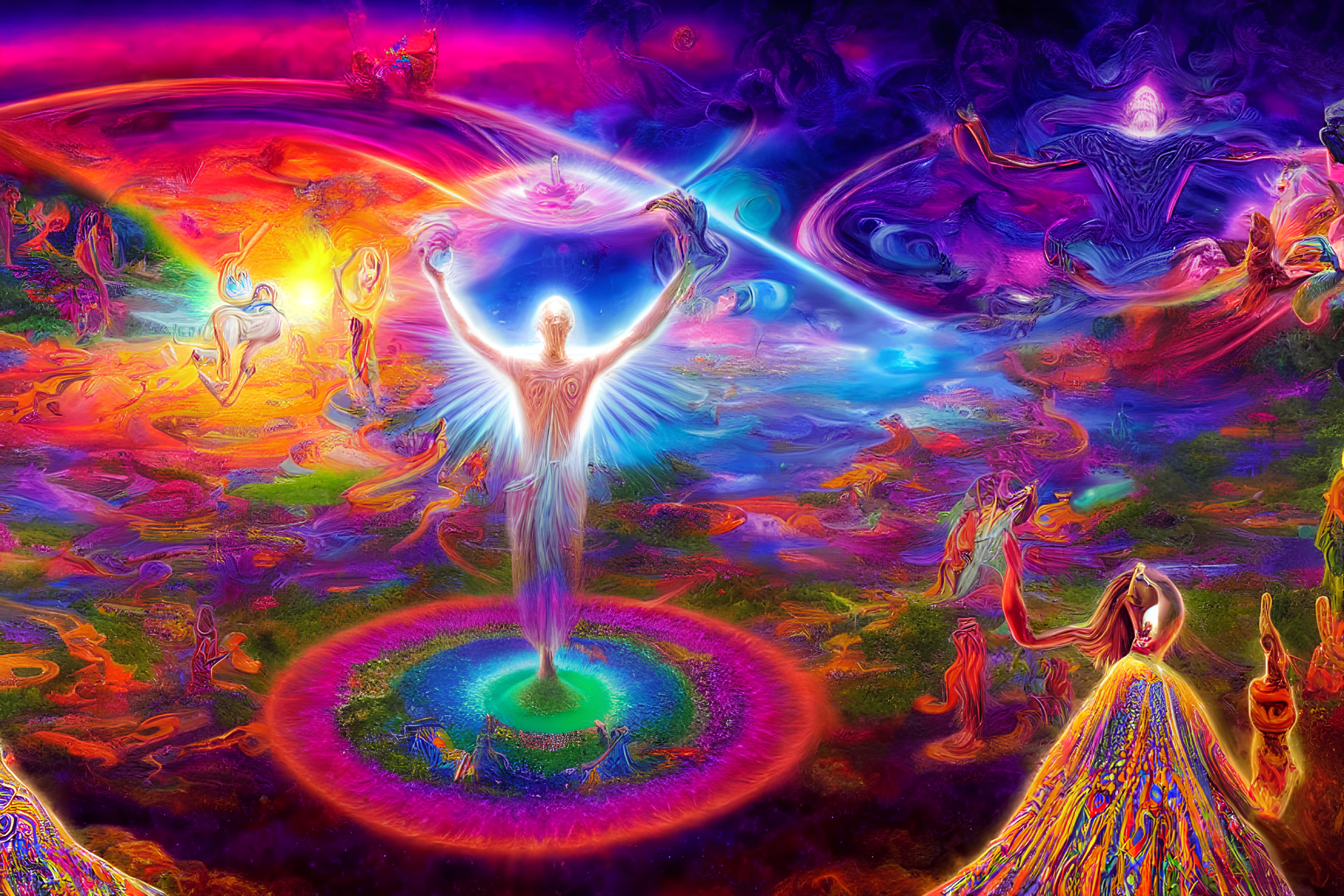 Colorful Psychedelic Artwork with Radiant Human Figure Among Cosmic Shapes
